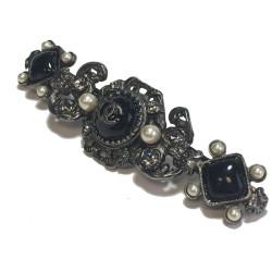 Barrette CHANEL metal silver Pearly pearls, rhinestones and speckled black glass paste