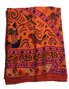 Châle HERMÈS "Peuple du vent" cachemire et soie rose indien, orange et cobalt