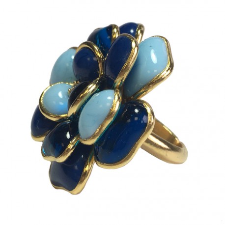 Bague MARGUERITE DE VALOIS camélia T50 en métal doré et pâte de verre bleue