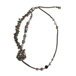 CHANEL T80 belt-necklace in silver chain, transparent molten glass beads, pearls and CC