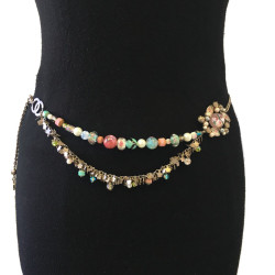 CHANEL T80 belt-necklace in silver chain, transparent molten glass beads, pearls and CC