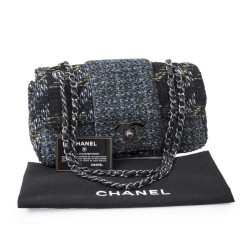 CHANEL flap bag in back and blue green tweed with shiny threads