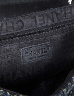 CHANEL flap bag in back and blue green tweed with shiny threads