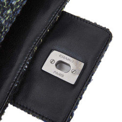 CHANEL flap bag in back and blue green tweed with shiny threads