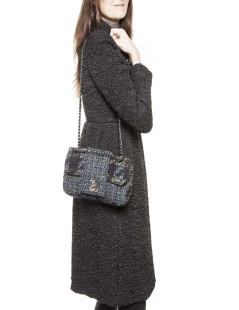 CHANEL flap bag in back and blue green tweed with shiny threads