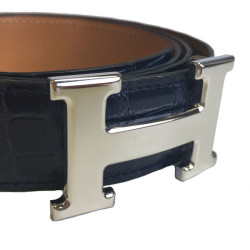 Ceinture Homme HERMES H T90 en crocodile porosus bleu marine