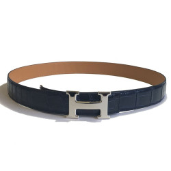 Ceinture Homme HERMES H T90 en crocodile porosus bleu marine