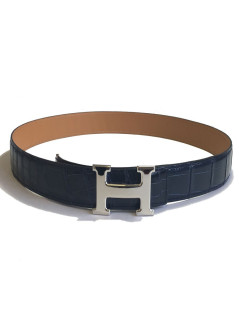 Belt man HERMES H T90 crocodile porosus Navy Blue