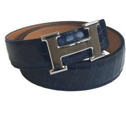 Ceinture Homme HERMES H T90 en crocodile porosus bleu marine