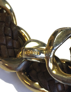  CHANEL vintage gilded metal and plaited brown leather belt