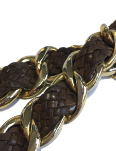  CHANEL vintage gilded metal and plaited brown leather belt