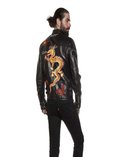 Blouson VALENTINO cuir d'agneau lisse noir brodé "Funky dragon"