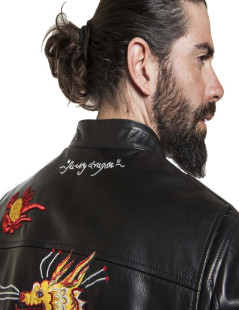 Blouson VALENTINO cuir d'agneau lisse noir brodé "Funky dragon"