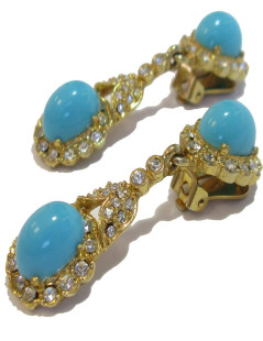 KENNETH JAY LANE clips in gilded metal, rhinestones and turquoise earrings