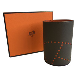 HERMES Pencil case in étoupe and pumpkin color taurillon leather