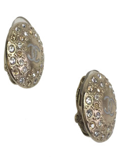 Boucles d'oreille clips CHANEL boules dorées et strass