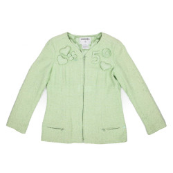 Veste CHANEL T 44 tweed vert d'eau 