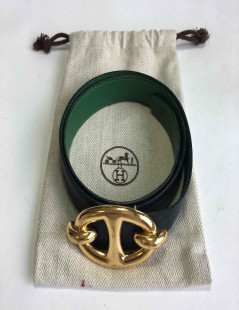 Ceinture HERMES réversible T70 en cuir vert et bleu nuit