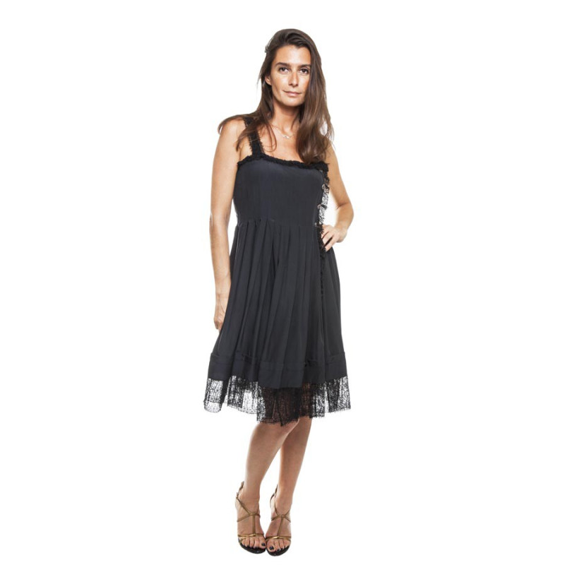 Robe portefeuille plissée  de cocktail CHANEL T 38 en soie noire