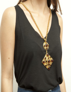 MARGUERITE DE VALOIS long necklace couture in gold plated metal and pendant in molten glass