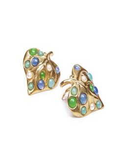 GIVENCHY leaf shaped clip-on earrings in gilt metal set with pearls and molten glass