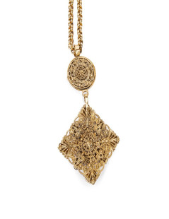 MARGUERITE DE VALOIS long necklace couture in gold plated metal and pendant in molten glass