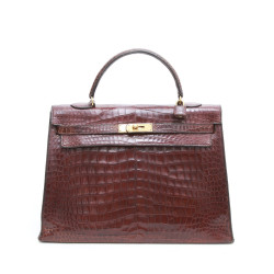 Kelly 35 HERMES cuir crocodile porosus marron Vintage