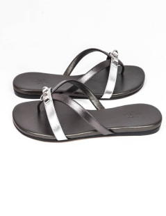 HERMES Size 38 'Corfu Nappa' sandals in metallic gunmetal and silver leather