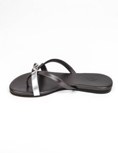 HERMES Size 38 'Corfu Nappa' sandals in metallic gunmetal and silver leather