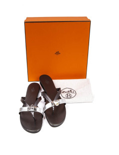 HERMES Size 38 'Corfu Nappa' sandals in metallic gunmetal and silver leather