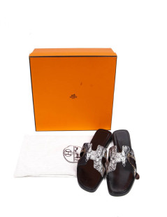 HERMES 'Oran' sandals in printed silk size 37FR