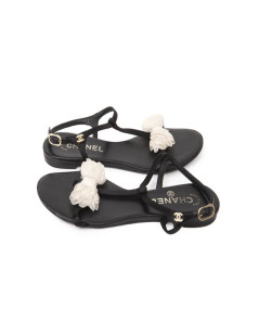 CHANEL strap sandals in black leather and knot in white fabric size 38.5C