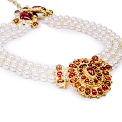 Collier Couture MARGUERITE DE VALOIS byzantin perles nacrées et pâte de verre topaze