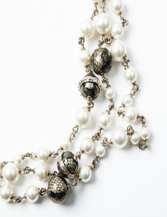 CHANEL Necklace Triple Rows Pearl Beads and Gold and Black Balls