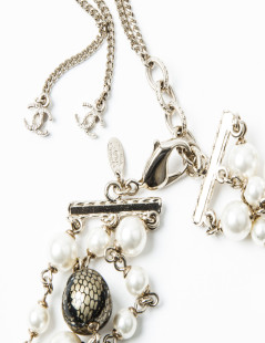 CHANEL Necklace Triple Rows Pearl Beads and Gold and Black Balls