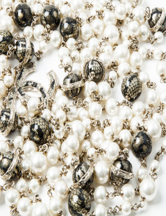 CHANEL Necklace Triple Rows Pearl Beads and Gold and Black Balls