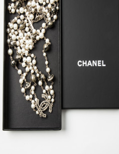 CHANEL Necklace Triple Rows Pearl Beads and Gold and Black Balls