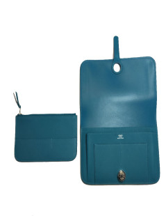 Portefeuille Dogon Duo HERMES grand modèle en veau swift turquoise