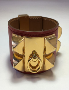 HERMES CDC collier de chien cuff bracelet in sanguine tadelakt calfskin leather