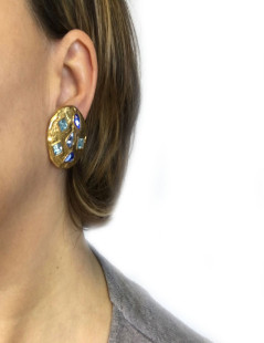 YSL SAINT LAURENT round clip-on earrings in gilded metal and blue rhinestones