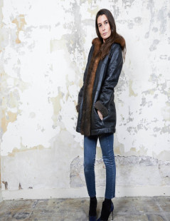 BALENCIAGA mid-length coat in brown returned lambskin leather and aged leather