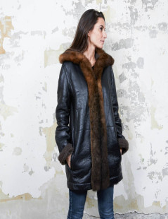 BALENCIAGA mid-length coat in brown returned lambskin leather and aged leather