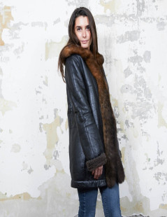 BALENCIAGA mid-length coat in brown returned lambskin leather and aged leather