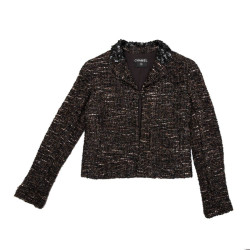 Veste CHANEL T  en tweed marron et fils brillants noirs