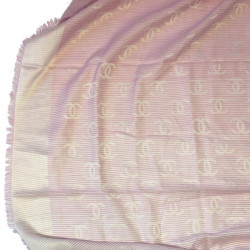 Châle CHANEL à petites franges en coton et soie rose et blanc