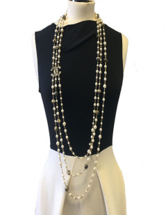 CHANEL Necklace Triple Rows Pearl Beads and Gold and Black Balls