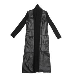 PACO RABANNE long coat 38FR in black wool and leather