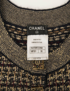 CHANEL "Paris-Shanghai" dress in gold, black and beige cashmere and wool size 36FR