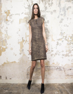 CHANEL "Paris-Shanghai" dress in gold, black and beige cashmere and wool size 36FR