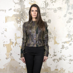 Blouson JEAN PAUL GAULTIER T38 en patchwork de cuir vert et marron